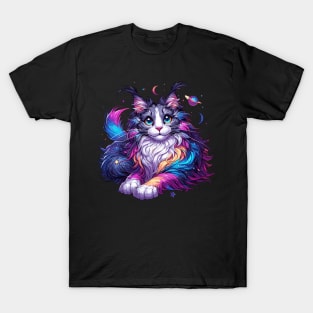 Colorful Maine Coon Cosmic Cat in Stars T-Shirt